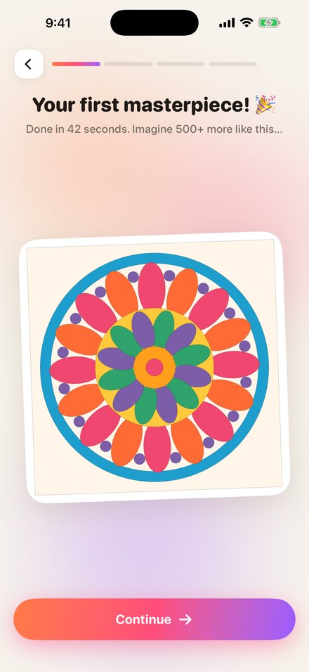 A finished mandala with the message Your first masterpiece