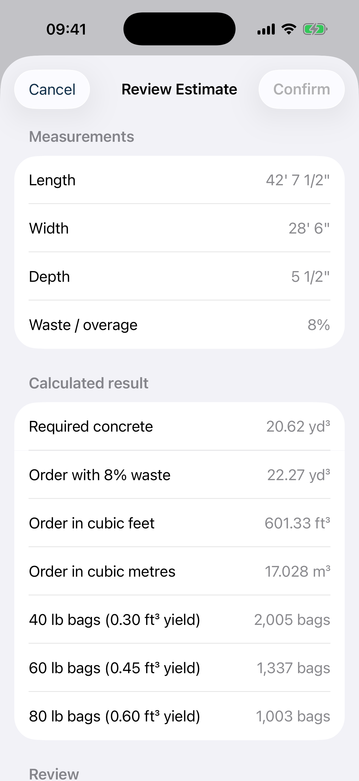 Concrete Calc measurement review screen