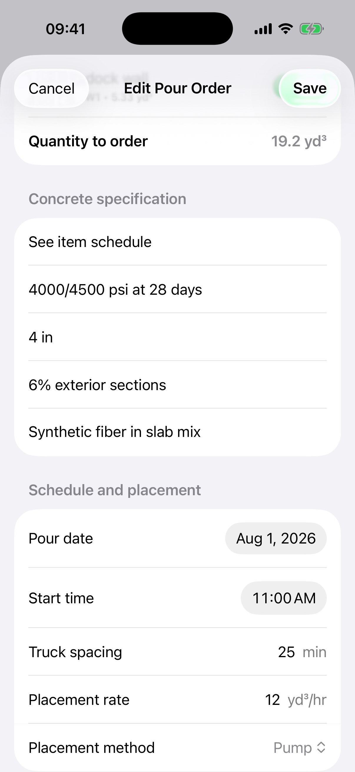 Concrete specification and schedule