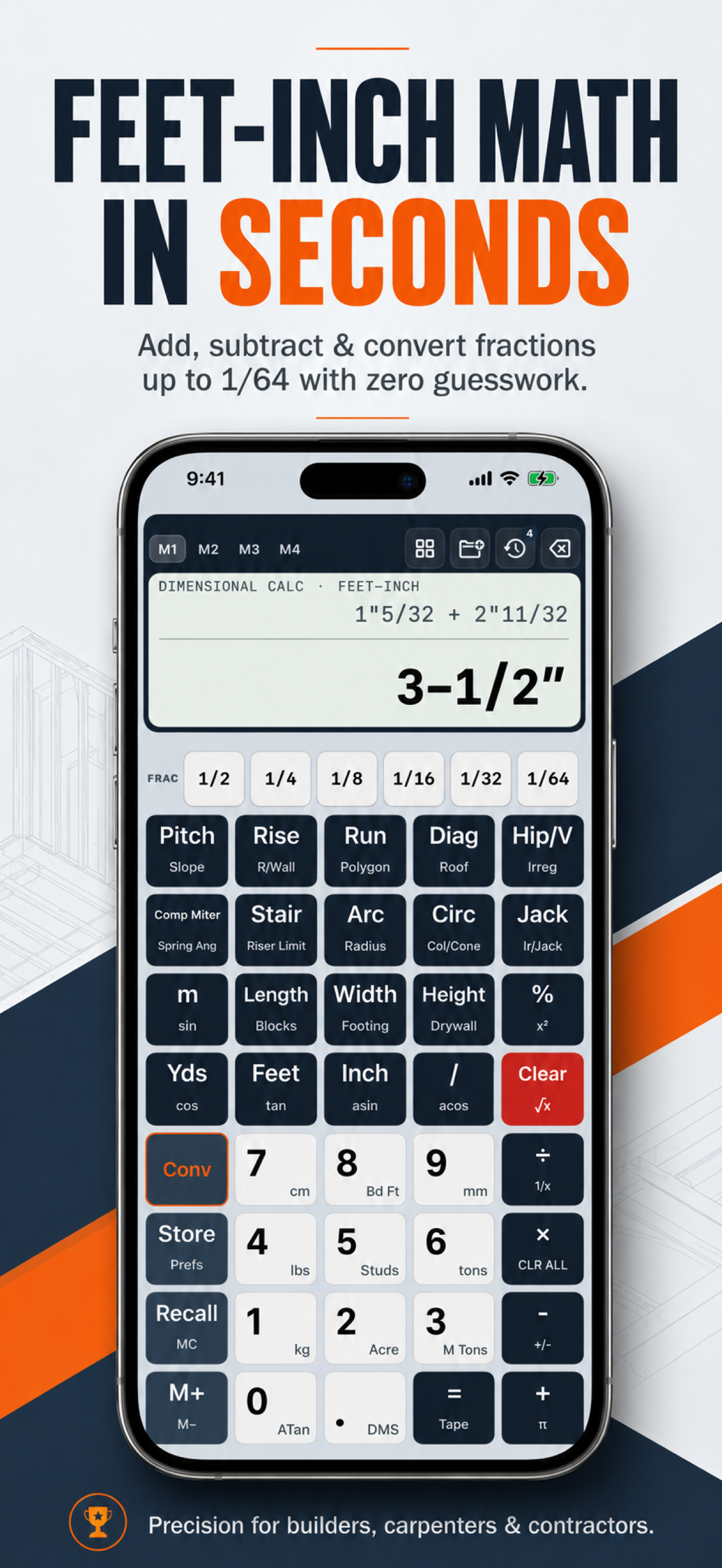 Construction Pro calculator screenshot converting decimal feet to feet-inch-fractions.