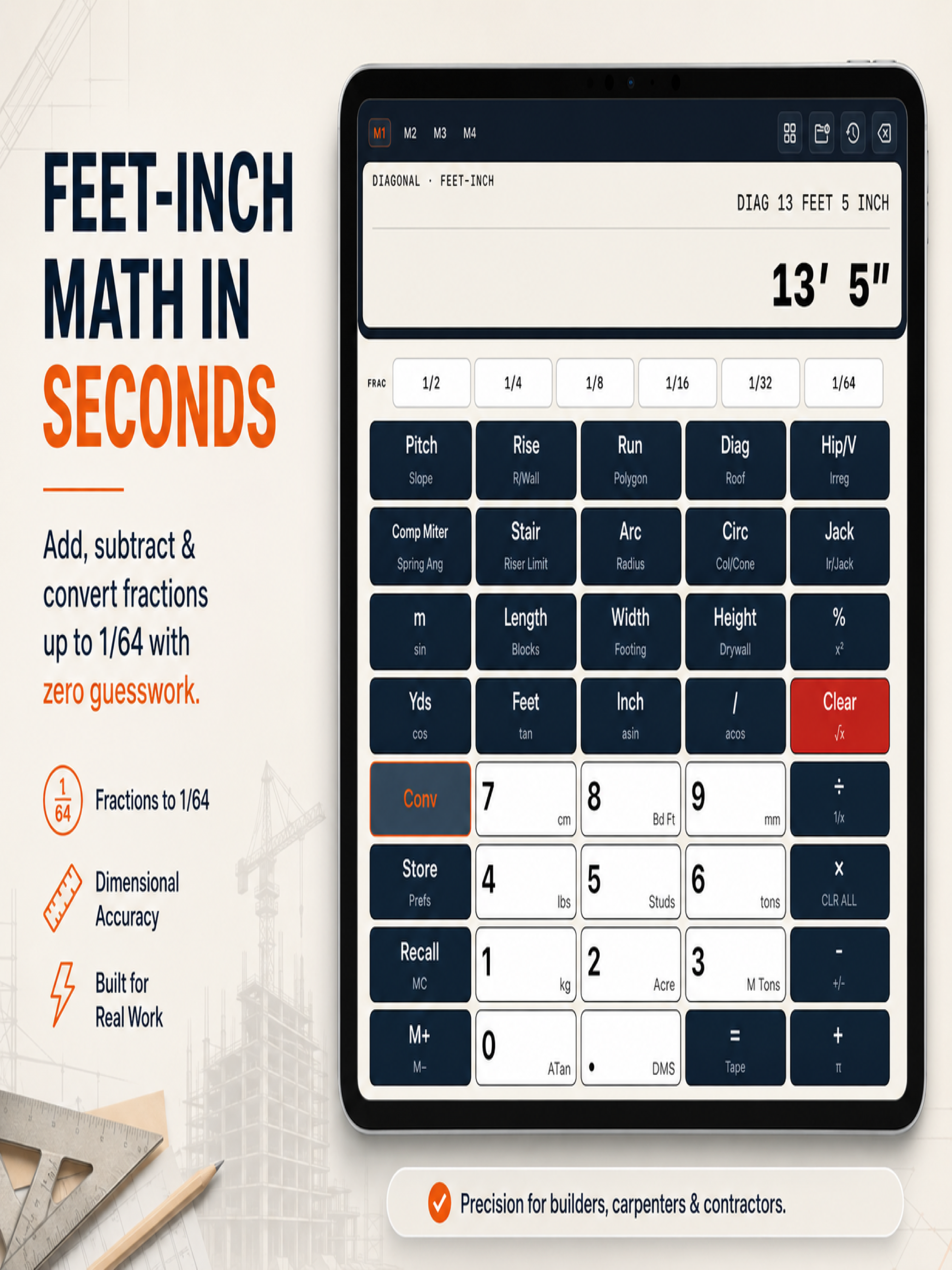 Construction Pro App Store artwork showing feet-inch math on iPad