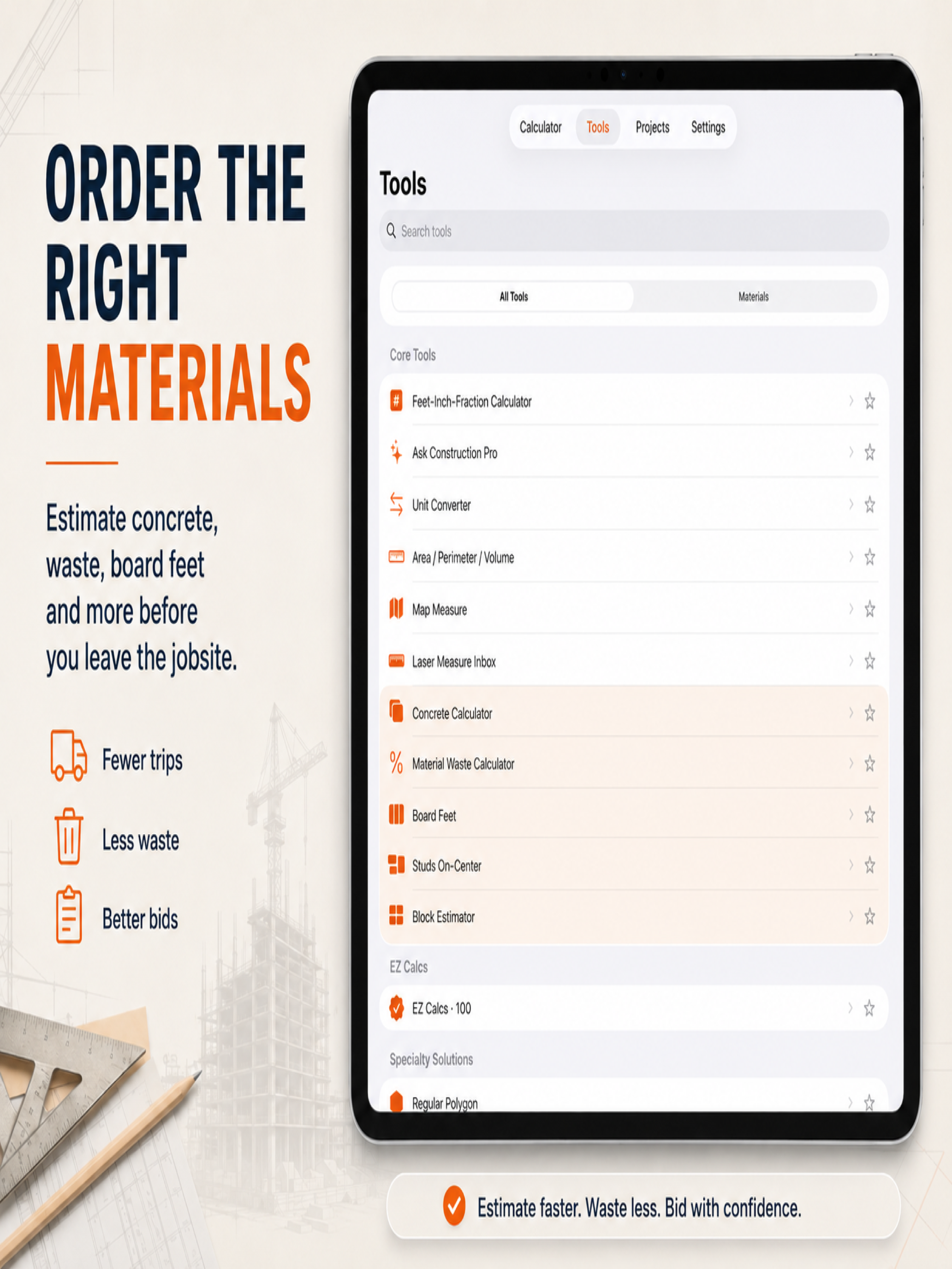 Construction Pro App Store artwork showing material tools on iPad