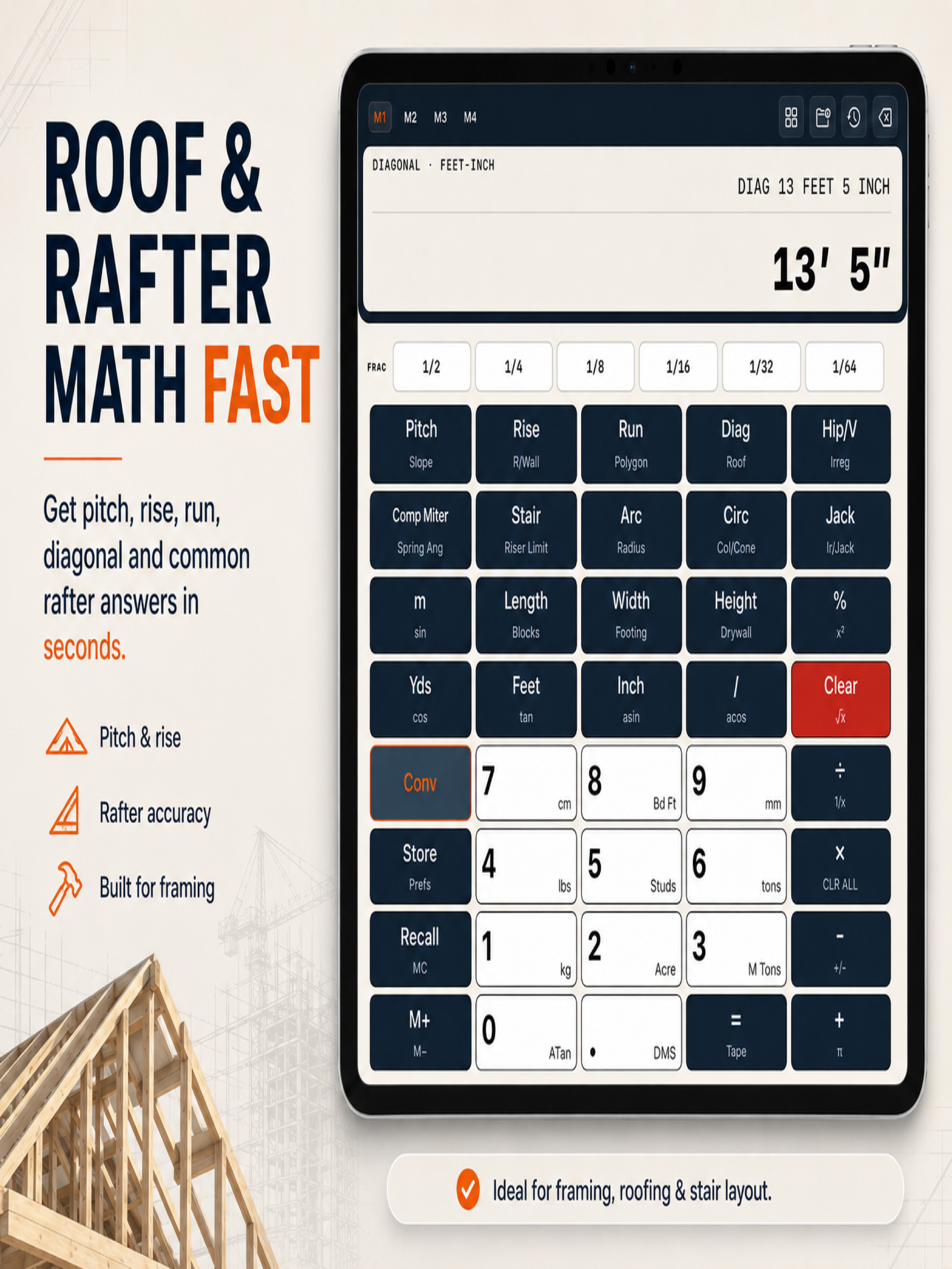 Construction Pro App Store artwork showing roof and rafter math on iPad