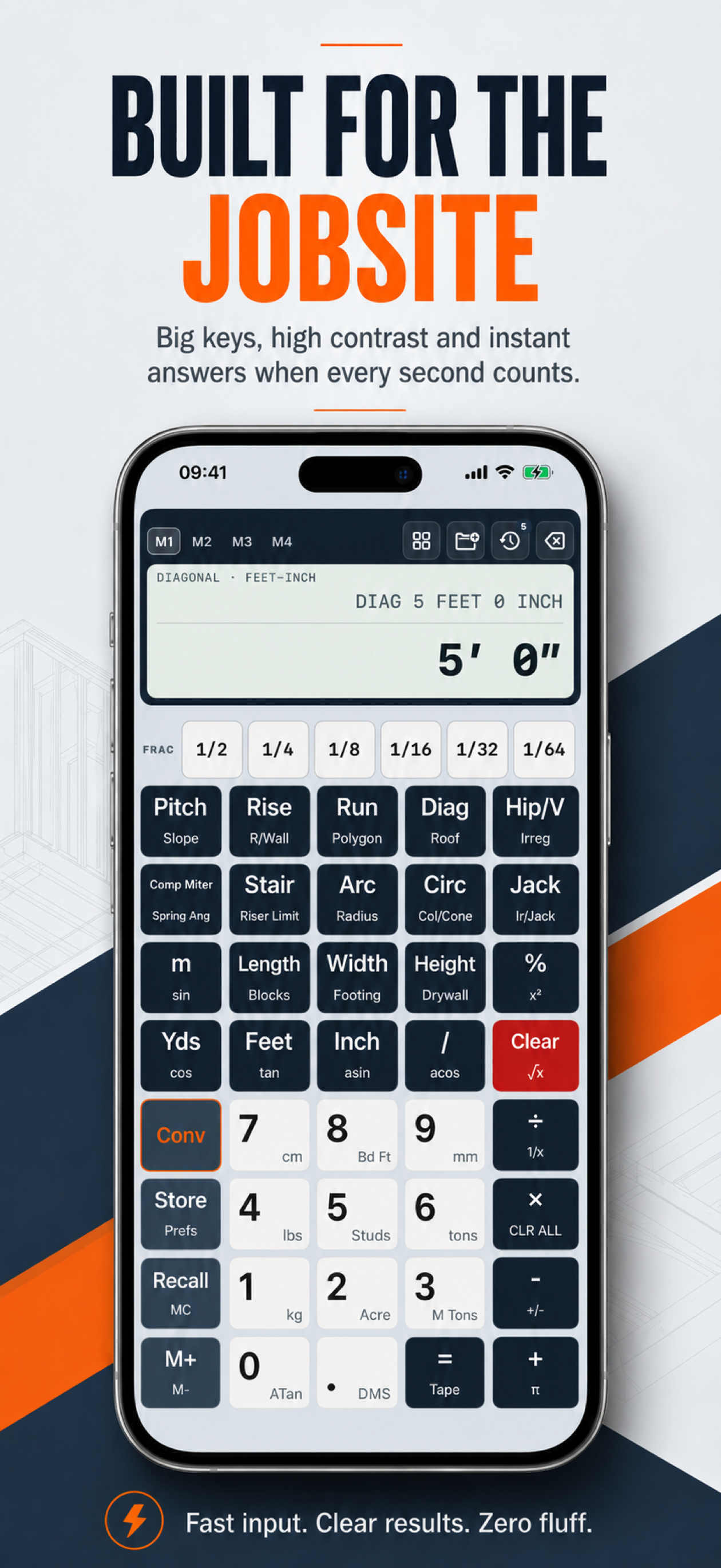 Construction Pro screenshot showing the iPhone workflow replacing a physical construction calculator.