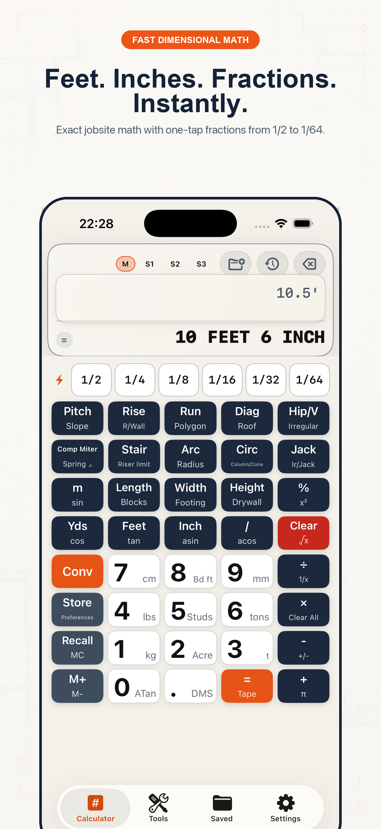 Construction Pro calculator showing feet, inches, fraction keys, and a converted result.