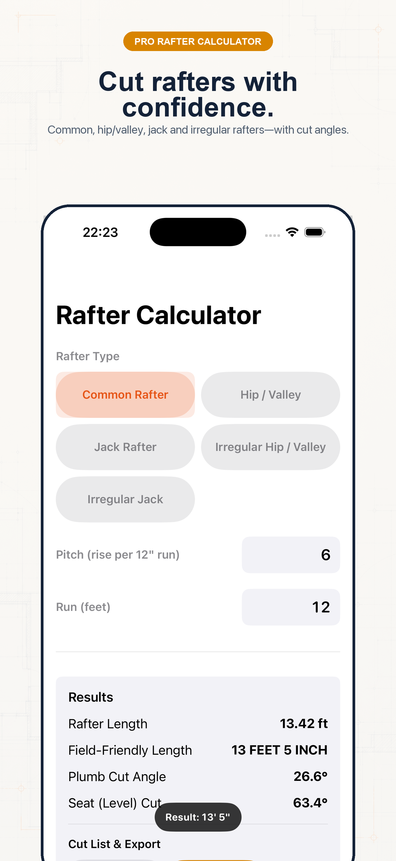 Construction Pro rafter calculator with labeled roof geometry and cut-angle results.