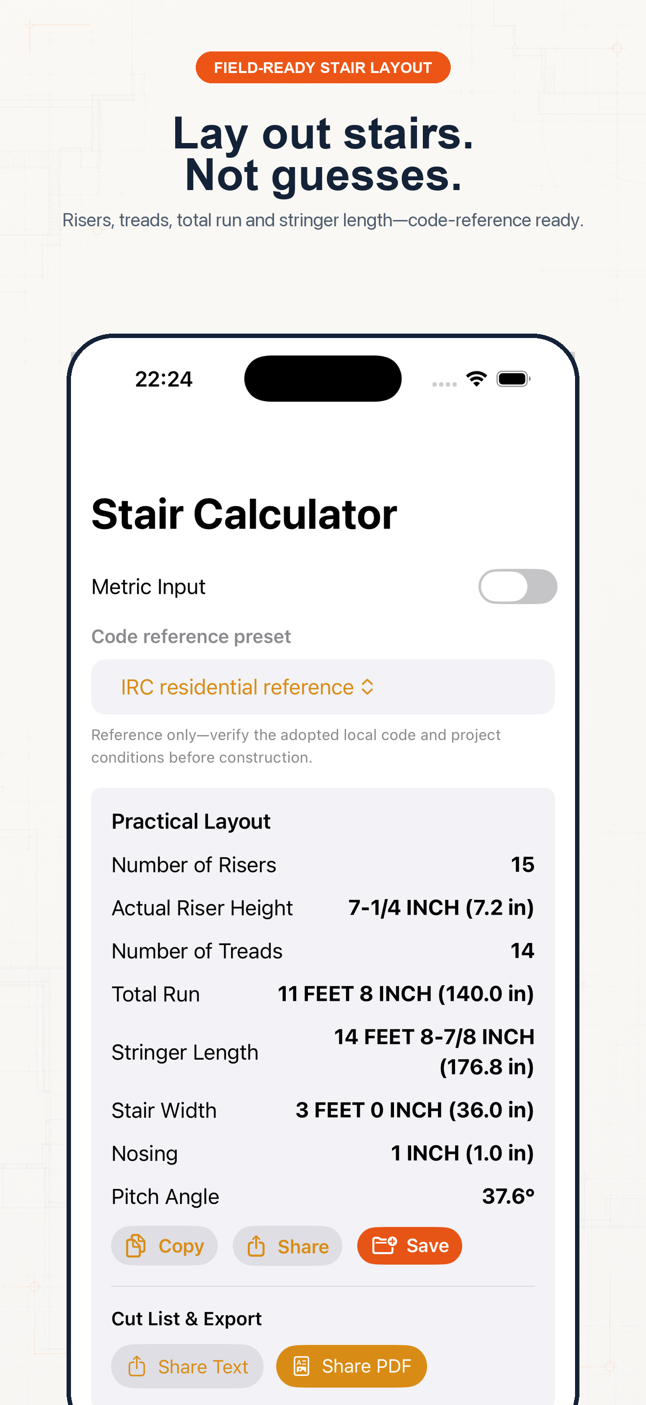 Construction Pro stair calculator showing riser, tread, stringer, and headroom layout results.