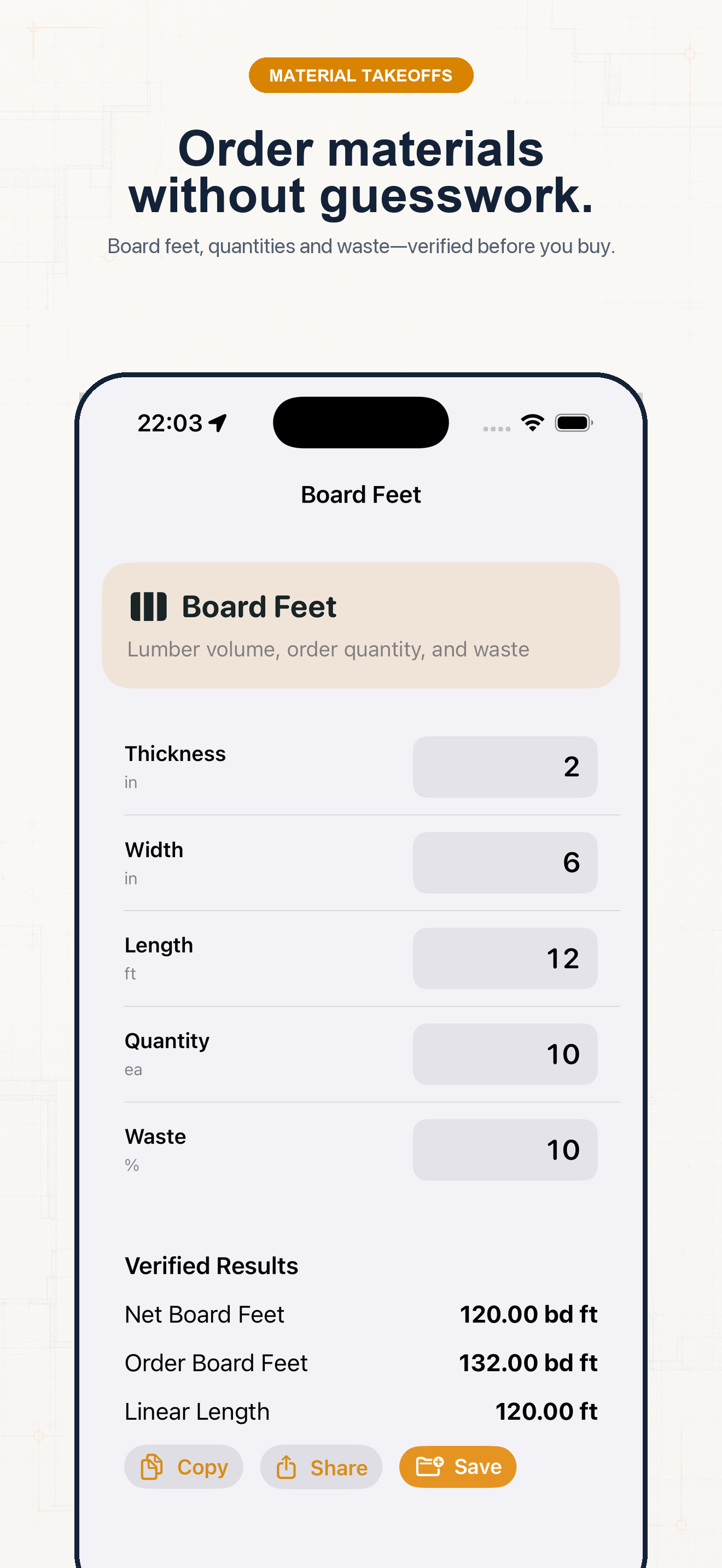 Construction Pro material takeoff screen showing concrete, drywall, roofing, and waste calculations.