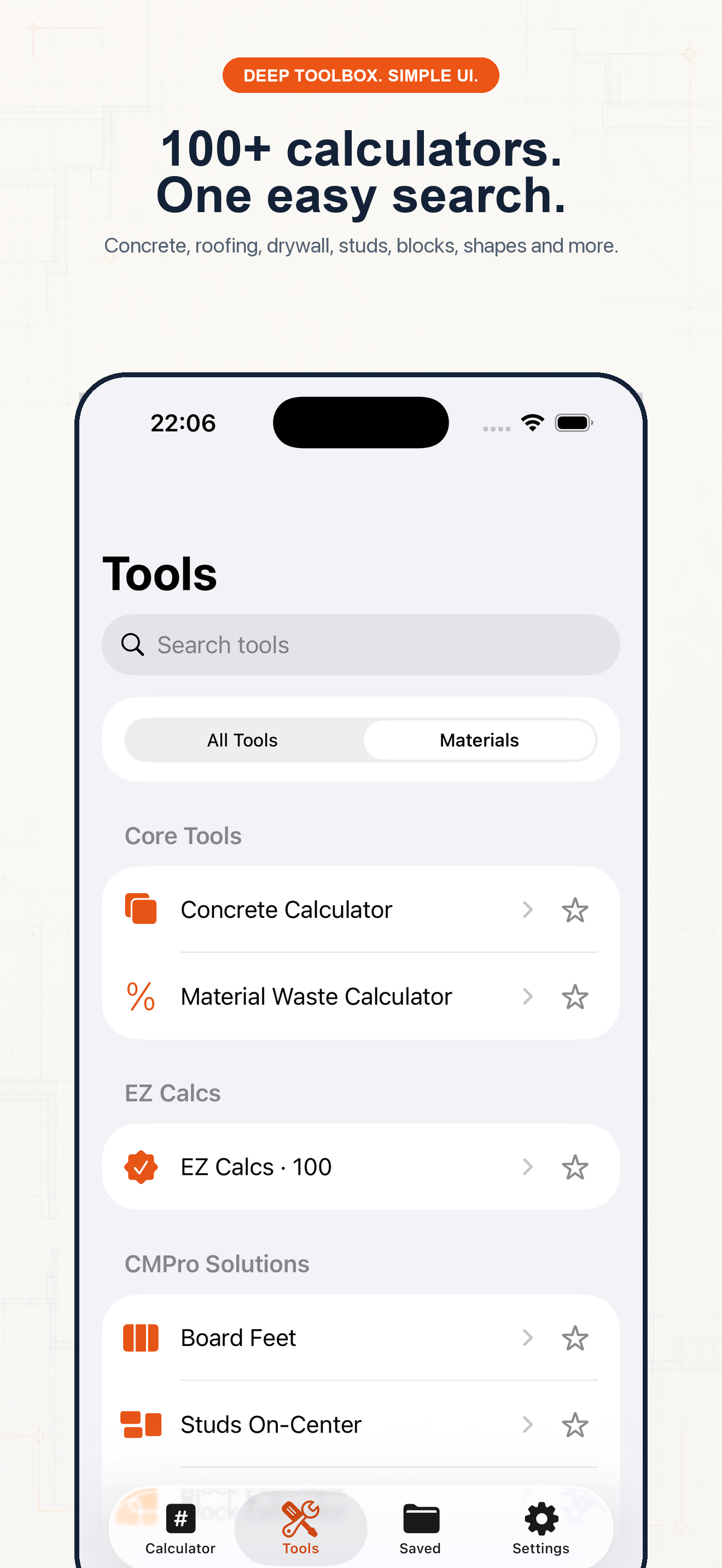 Construction Pro tools screen showing searchable construction calculators and favorite tools.