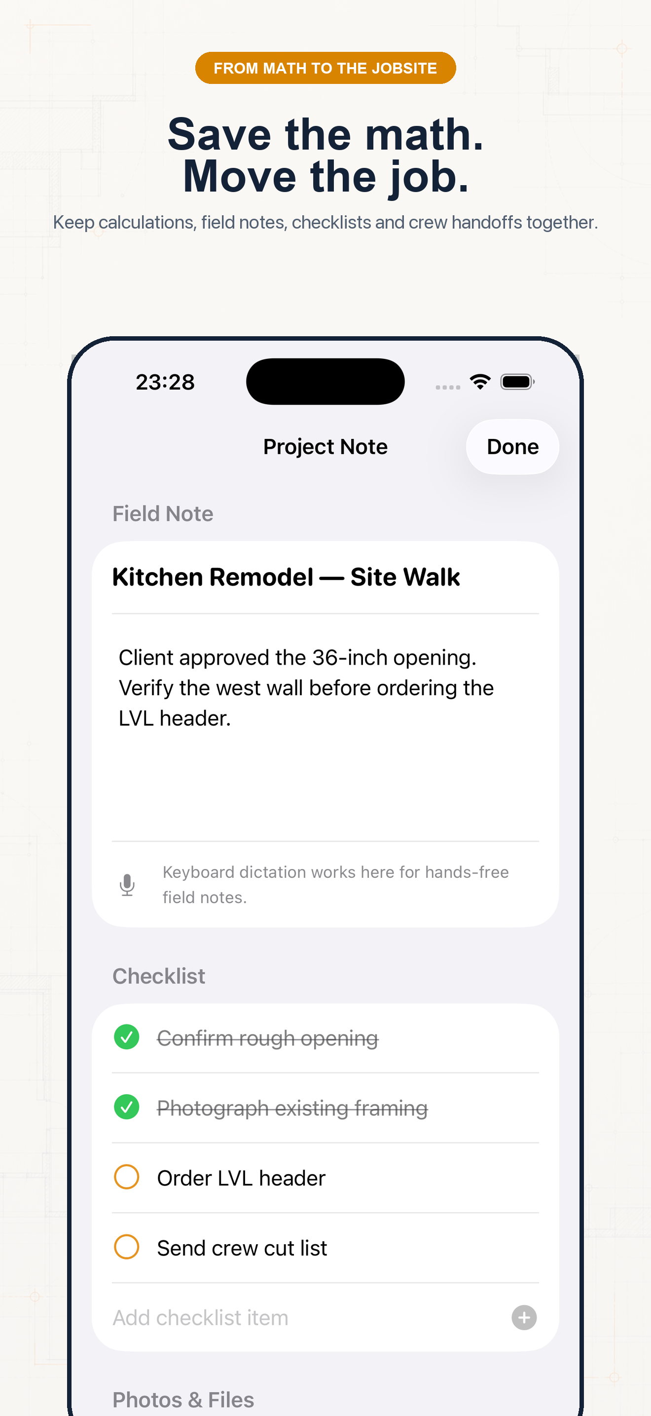 Construction Pro project note with calculation notes, checklist items, and crew handoff tasks.