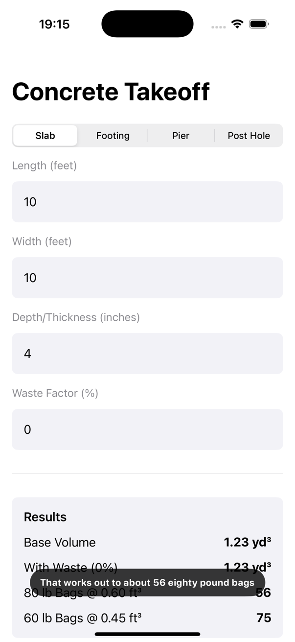Construction Pro Concrete Takeoff screenshot for a small patio slab pour.