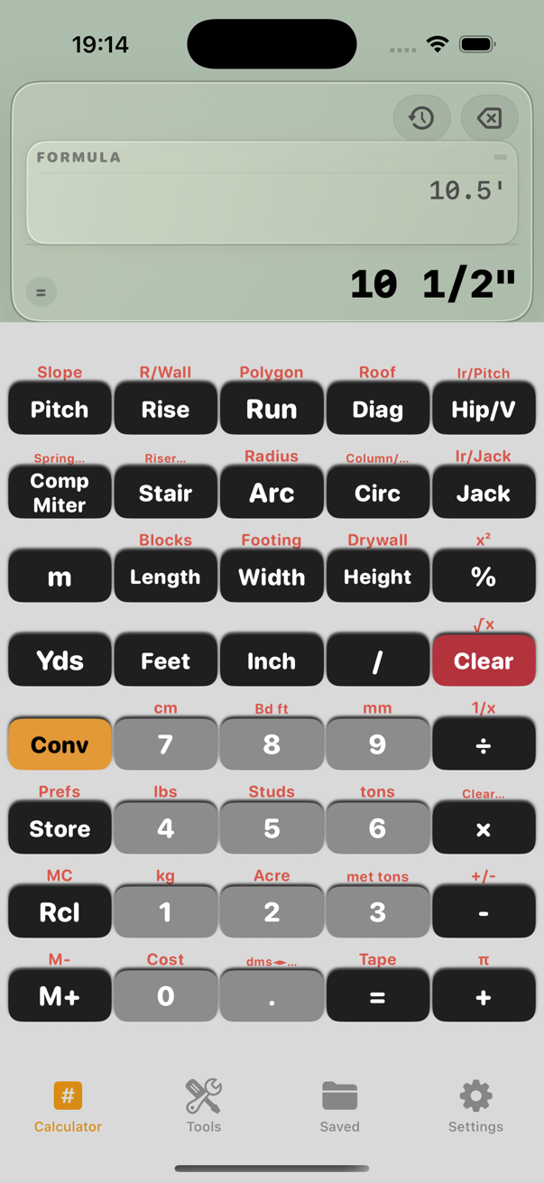 Construction Pro calculator screenshot converting decimal feet to feet-inch-fractions.