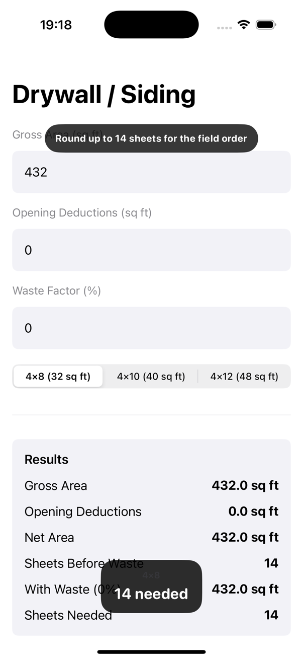 Construction Pro Drywall and Siding screenshot for a long wall sheet count example.