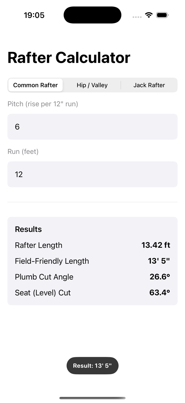 Construction Pro Rafter Calculator screenshot for a garage gable roof framing example.