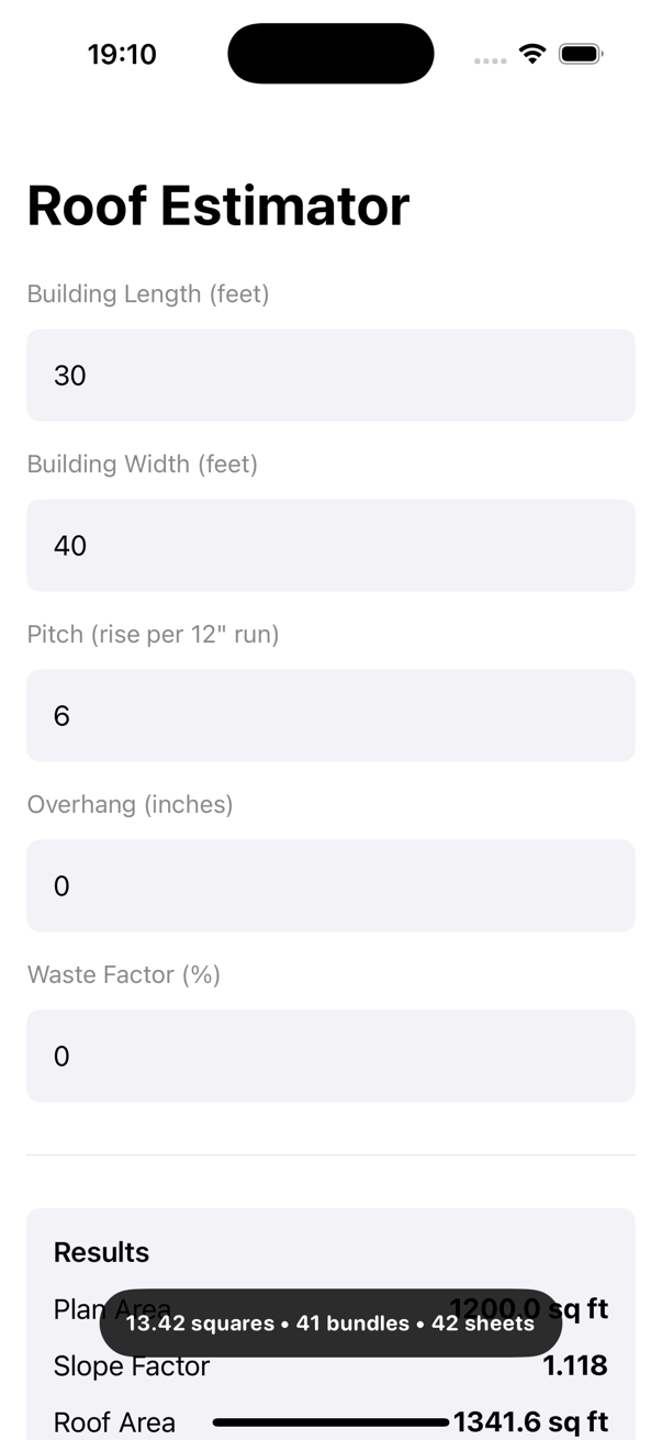 Construction Pro Roof Estimator screenshot for a small house roof takeoff example.