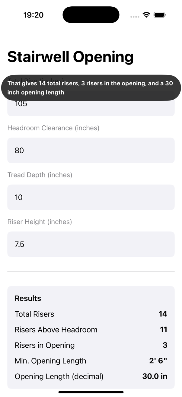 Construction Pro Stairwell Opening screenshot for a standard interior stairwell example.