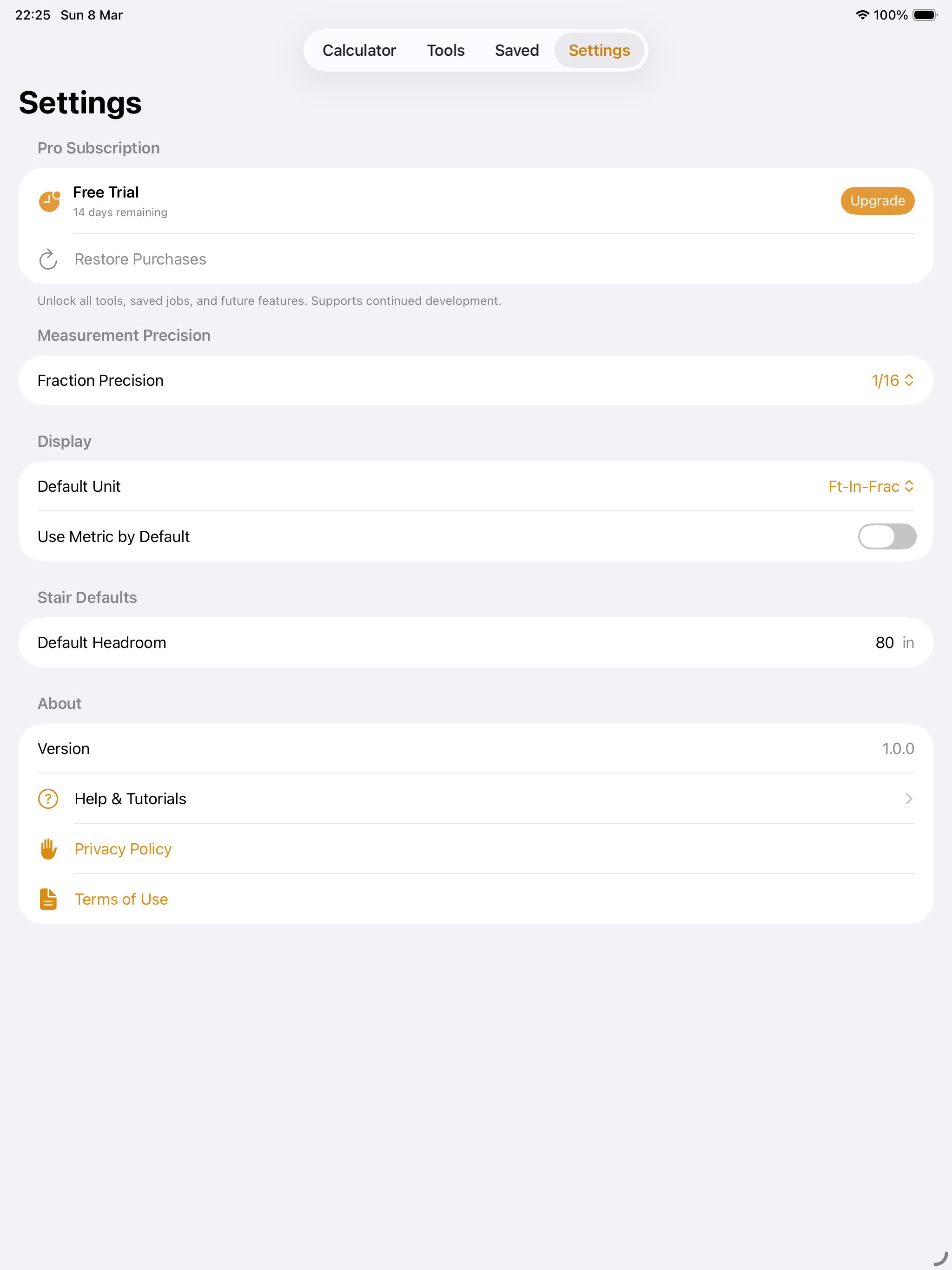 Construction Pro settings on iPad
