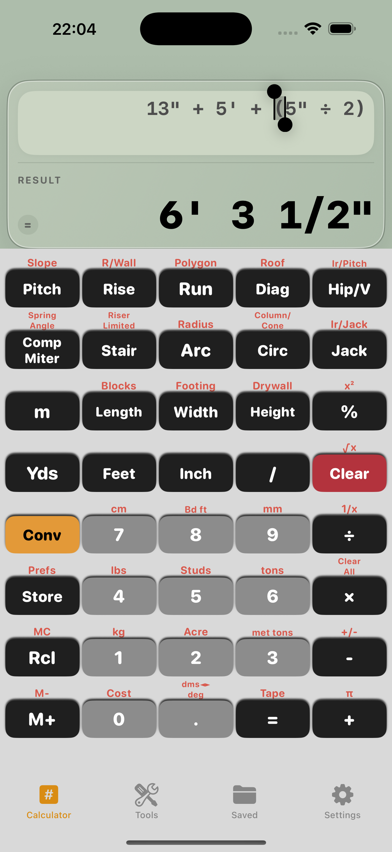 Construction Pro calculator on iPhone