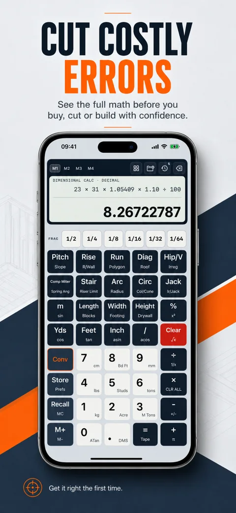 Construction Pro screenshot showing a roof-framing math mistake check with half-span input.