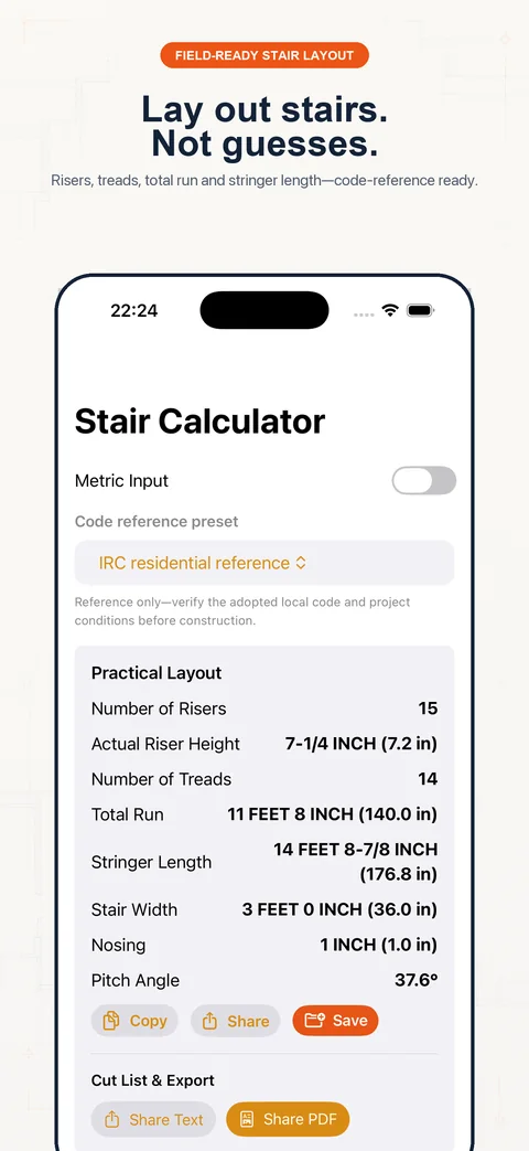 Construction Pro stair calculator showing riser, tread, stringer, and headroom layout results.