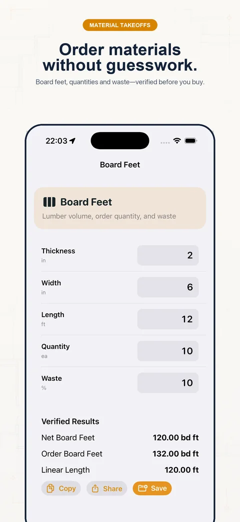 Construction Pro material takeoff screen showing concrete, drywall, roofing, and waste calculations.