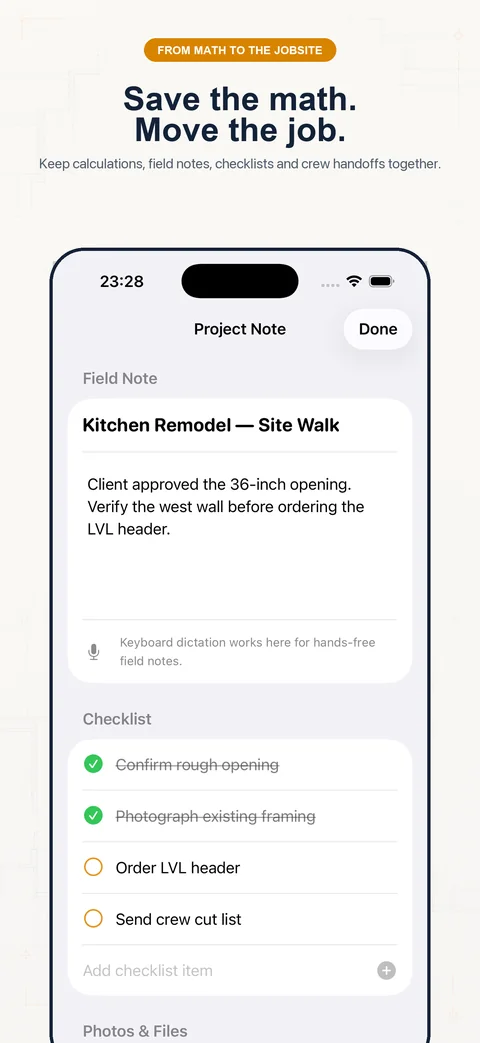 Construction Pro project note with calculation notes, checklist items, and crew handoff tasks.