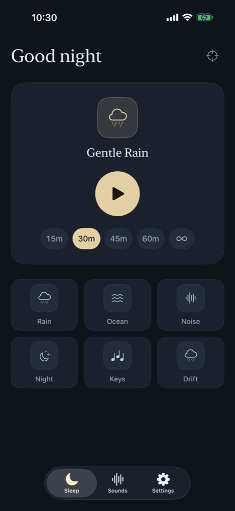 Lunara sleep screen with one play button and a timer