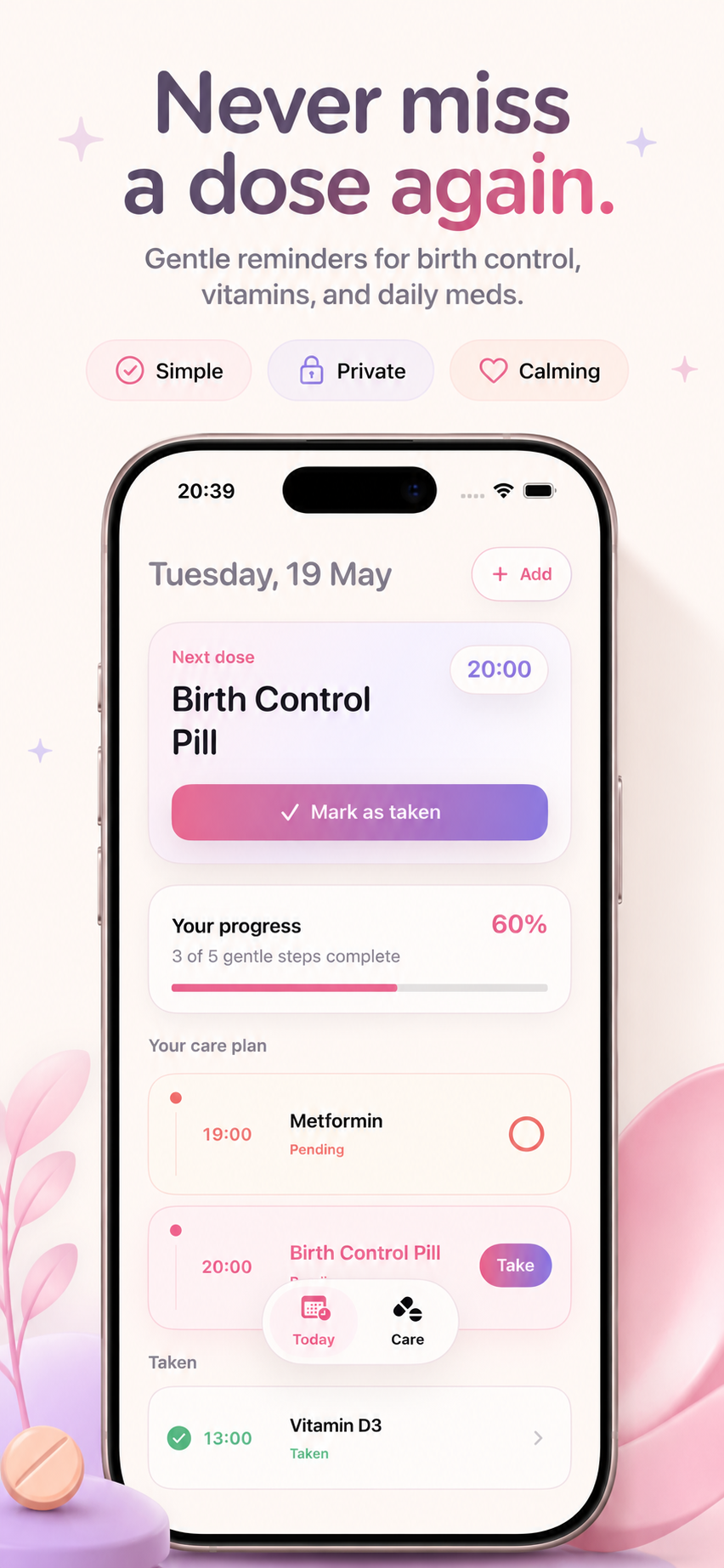PillBeacon Today screen showing medication reminders.