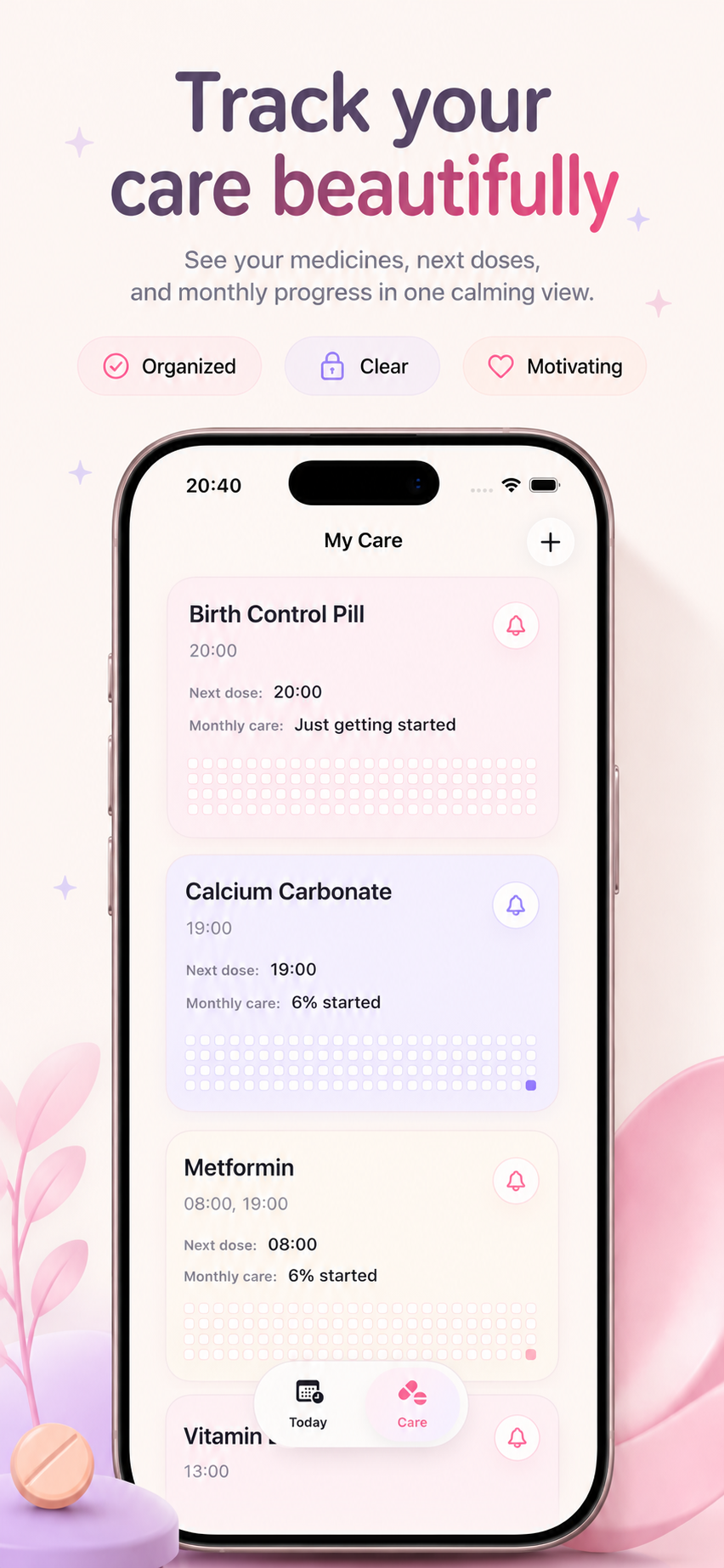 PillBeacon care tracking screen with soft medication progress styling.