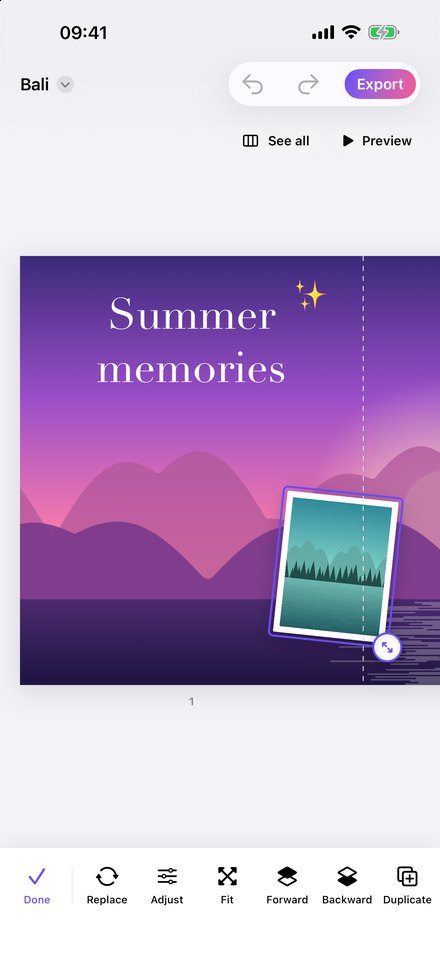 A sunset photo spanning two carousel slides in the Panora editor