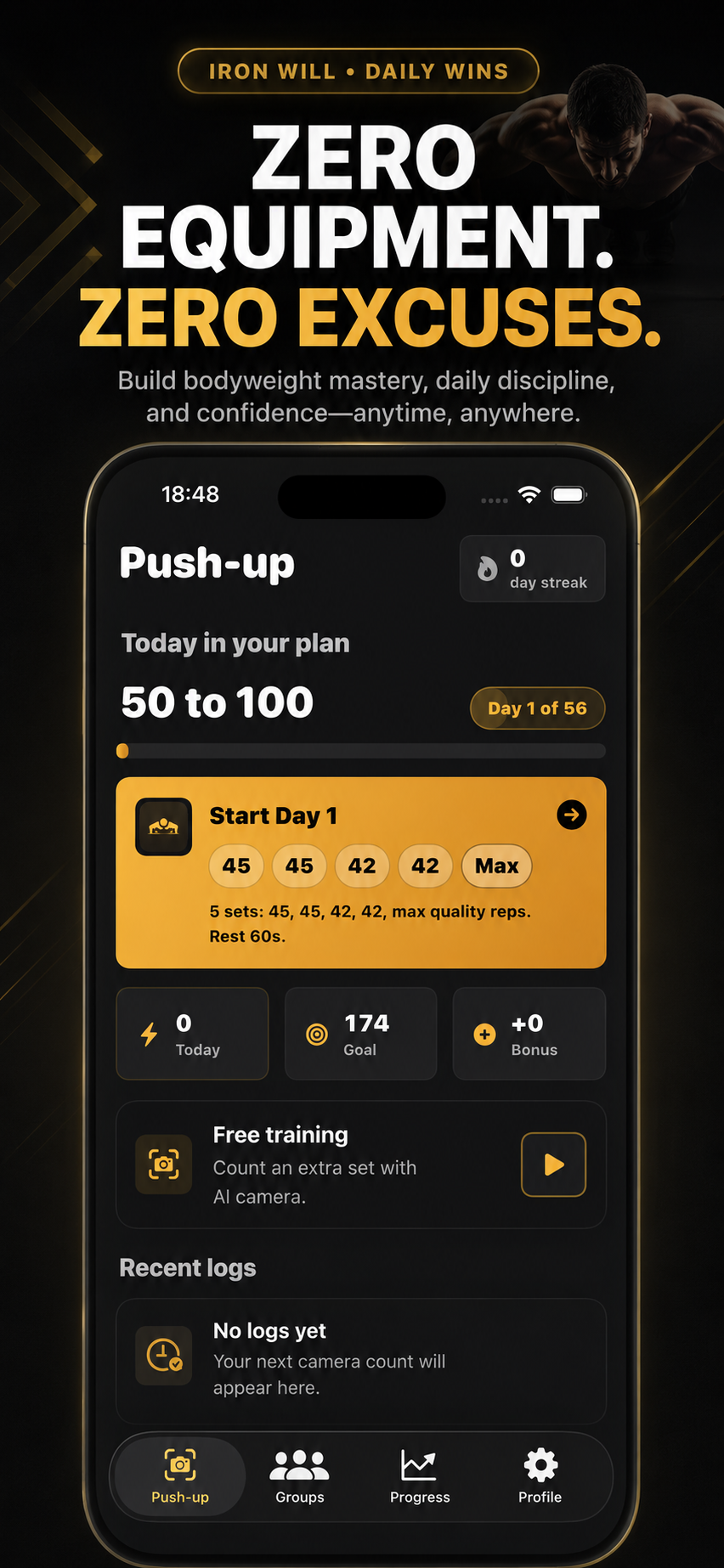 PushMax push-up tab showing streak and plan progress.