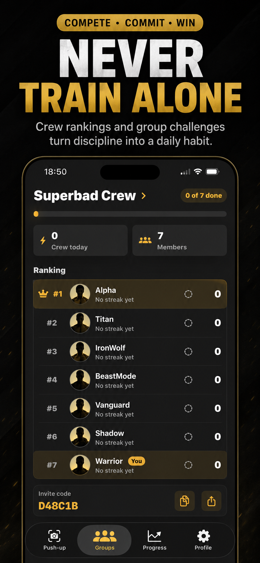 PushMax weekly leaderboard with rank and rep totals.
