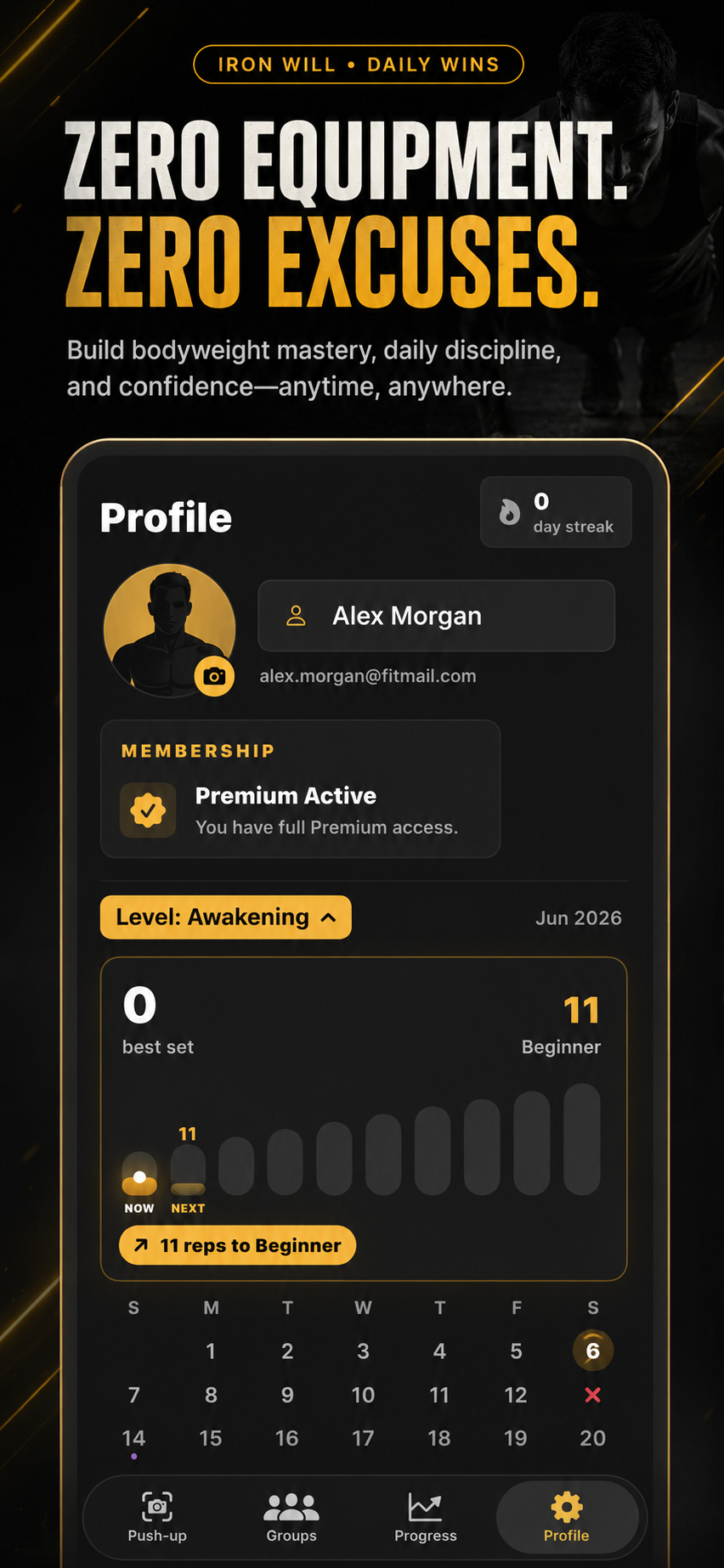 PushMax profile screen with membership and restore options.