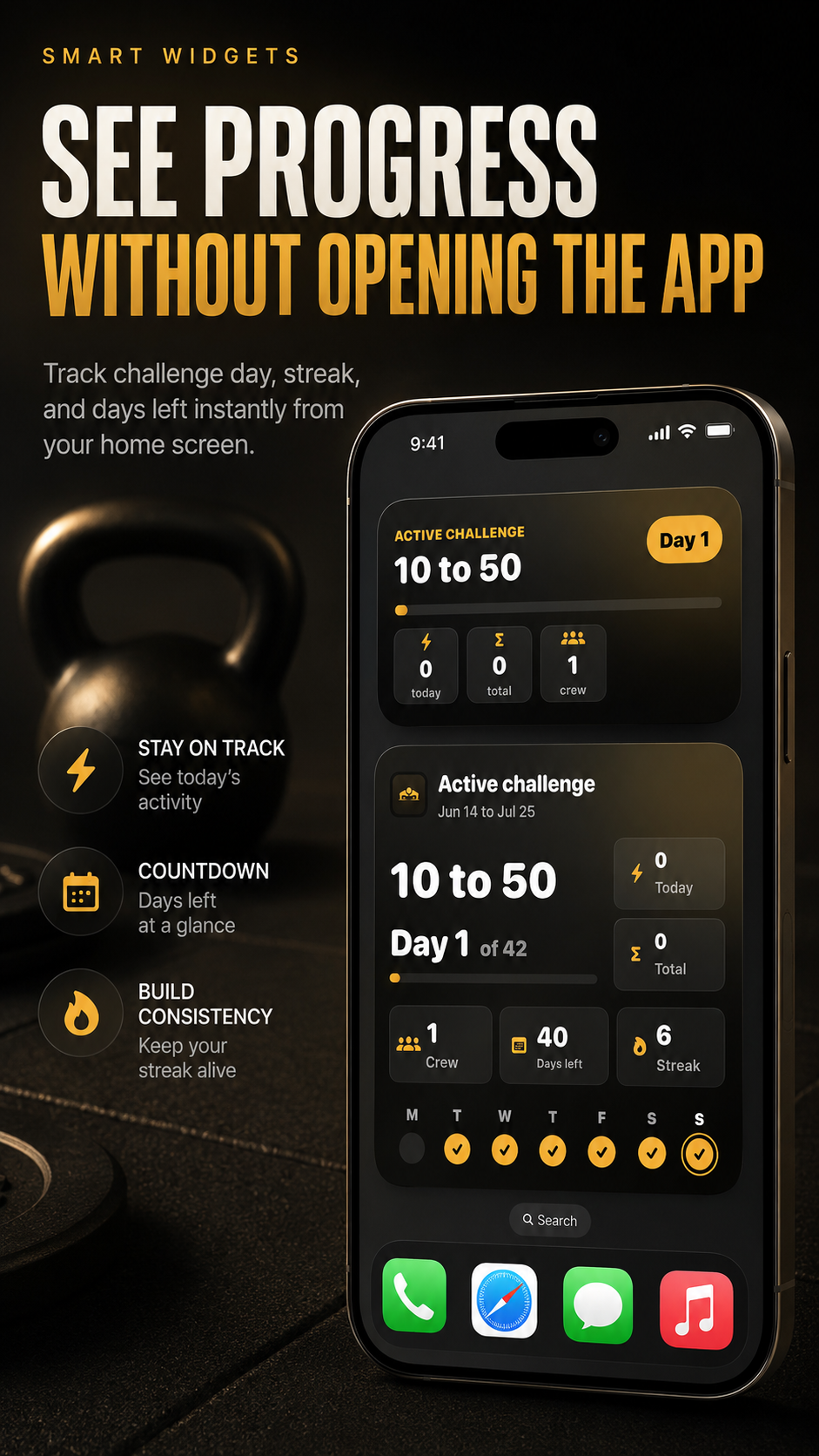 PushMax Home Screen widget showing weekly push-up progress.