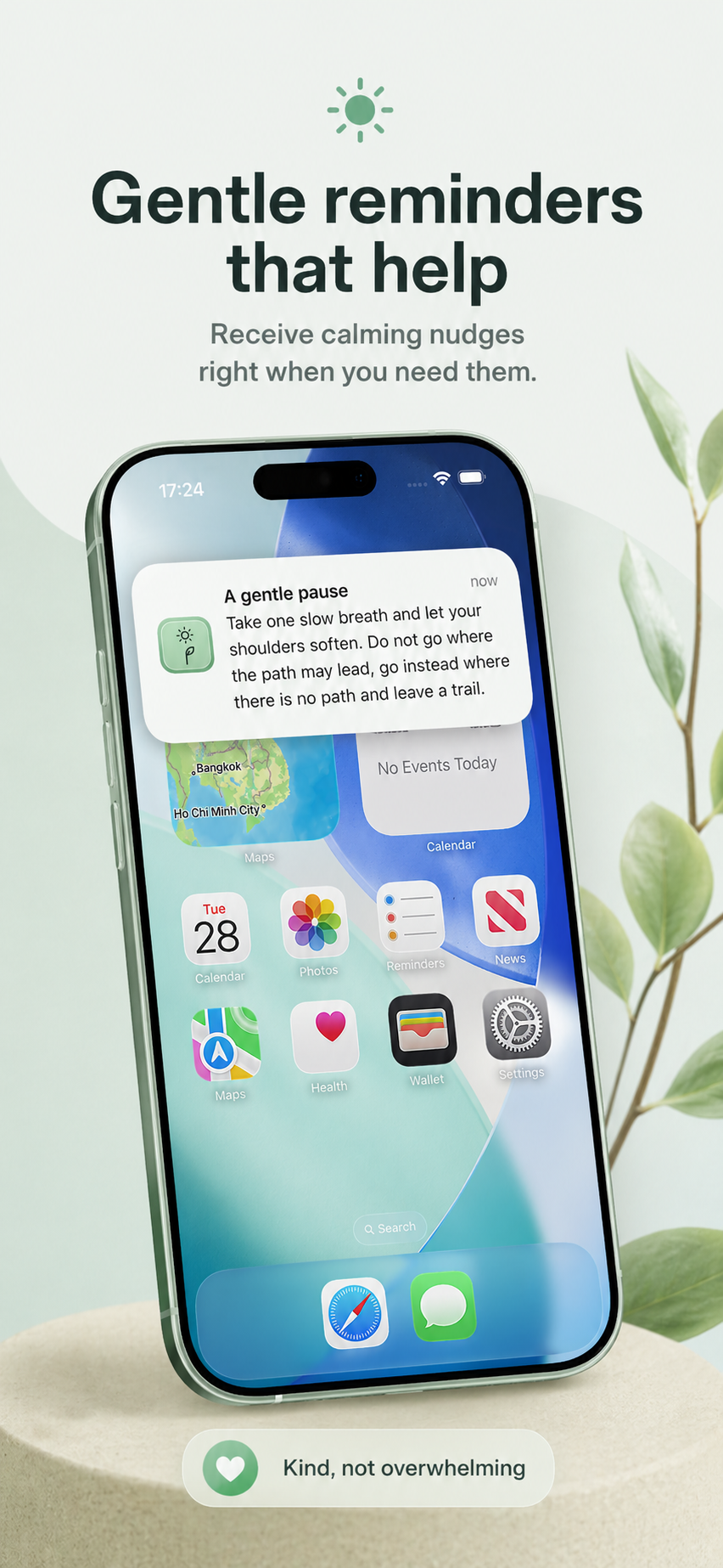 Gentle reminders preview showing a calming notification on the iPhone home screen.