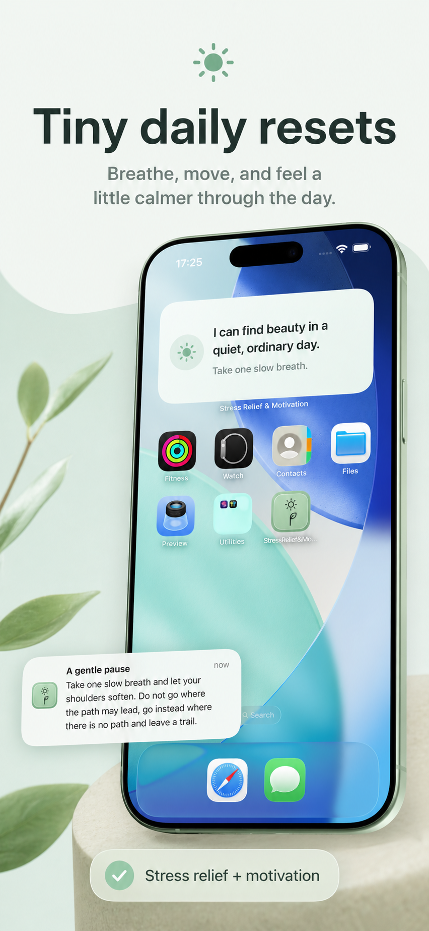 Stress Relief and Motivation app preview with a gentle notification on an iPhone.